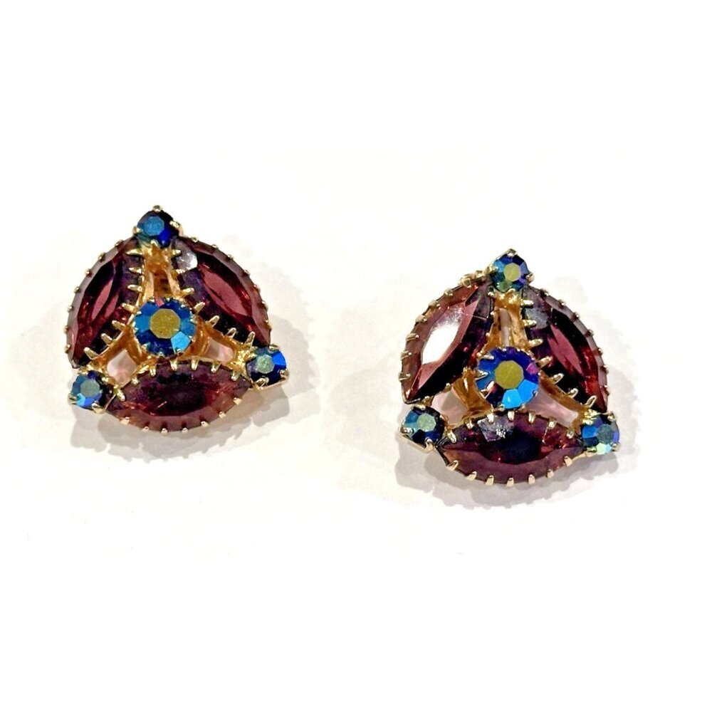 JULIANA D&E PURPLE BLUE AURORA BOREALIS NAVETTE RHINESTONES CLIP ON EARRINGS EUC